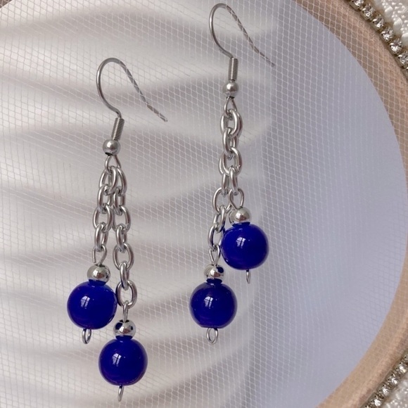 Cobalt Blue Stainless Steel Chain Beaded Earrings - Picture 1 of 9